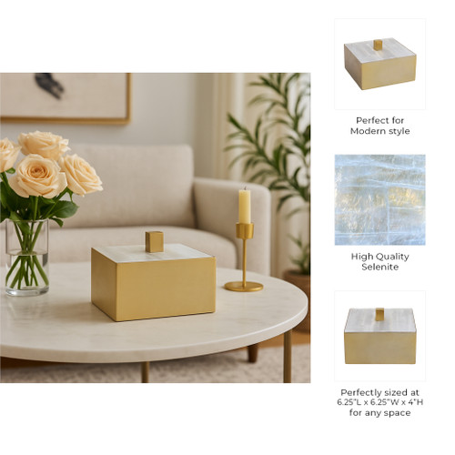 20557#6" Square Selenite Top Box, White/gold