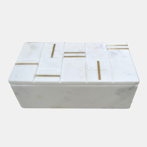 20701-02#8" White Marble Box With Brass Inlay, White/gold