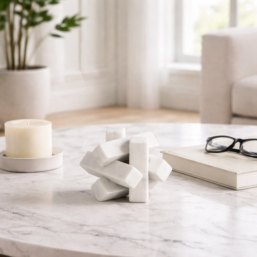 20780#4" Marble Geometric Orb, White