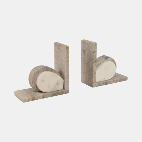 20824#S/2 6" Eared Onyx & White Marble Bookends, Beige