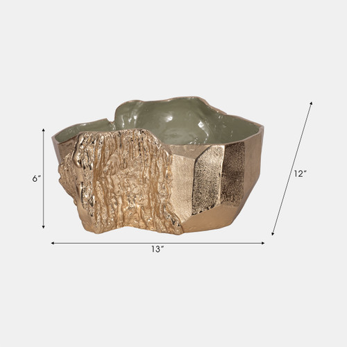 20838-01#13" Metal Trunk Bowl With Color Inside, Gold/green