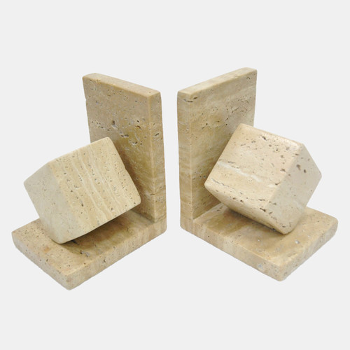 20861#S/2 6" Travertine Cube On Base Bookends, Tan