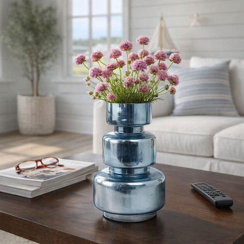 20868-01#10" Stacked Cylinder Glass Vase, Blue Silver