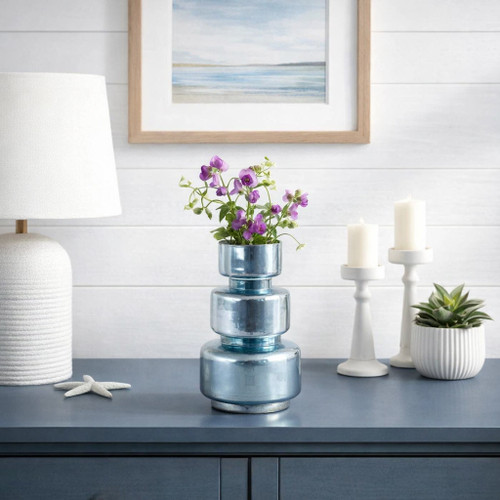 20868-01#10" Stacked Cylinder Glass Vase, Blue Silver