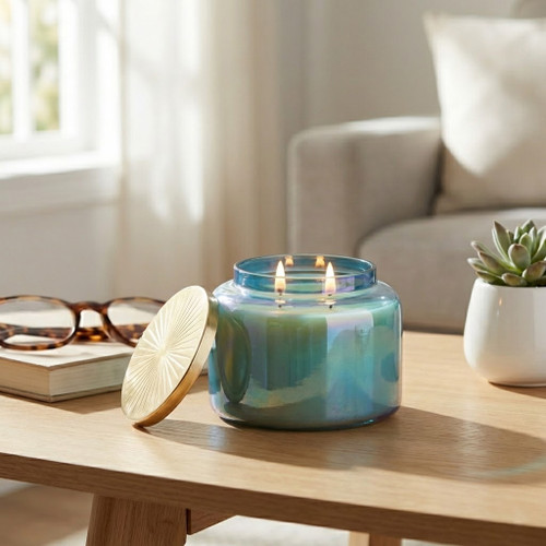 80380-02#5" 23 Oz Jasmine Luster Lidded Candle, Blue/gol