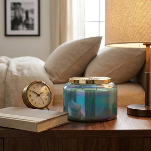 80380-02#5" 23 Oz Jasmine Luster Lidded Candle, Blue/gol