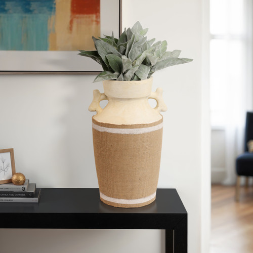 20855-02#16" Burlap On Terracotta Vase, Ivory/natural