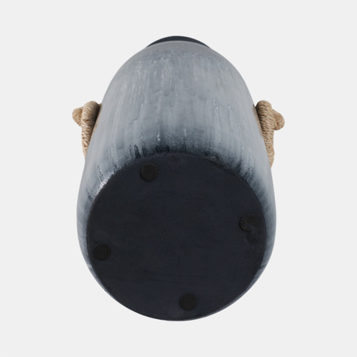 21176-04#24" Vase With Rattan Handles Reactive Finish, Blue