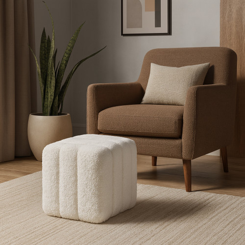 21348-01#16x16" Ridged Square Boucle Ottoman, White