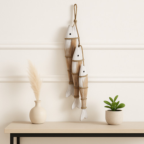 21381#35" Wood 3 Fish On A Rope, Wht/nat