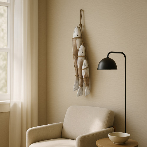 21381#35" Wood 3 Fish On A Rope, Wht/nat