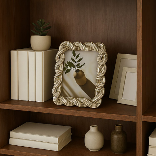 21395-02#5x7 Polyresin Twisted Rope Photo Frame, Gold