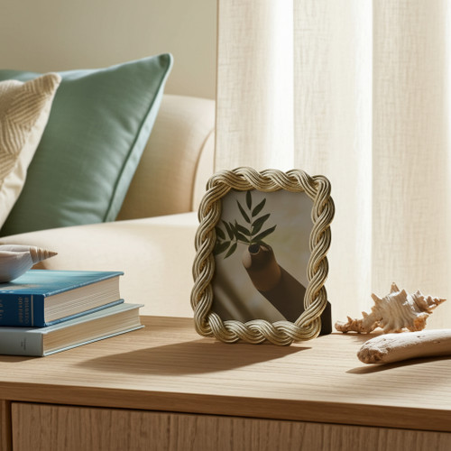21395-02#5x7 Polyresin Twisted Rope Photo Frame, Gold