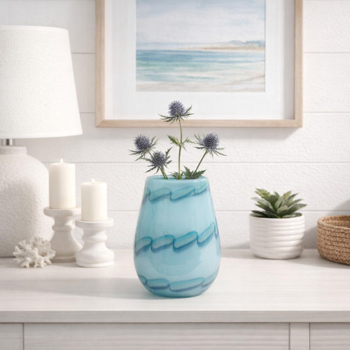 21435-01#9x6" Bead Pattern Glass Vase, Blue