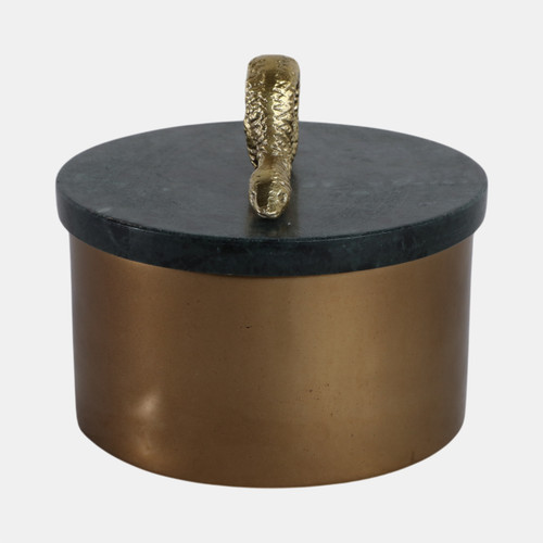 21438#5x5" Round Marble & Metal Box With Snake, Green/go