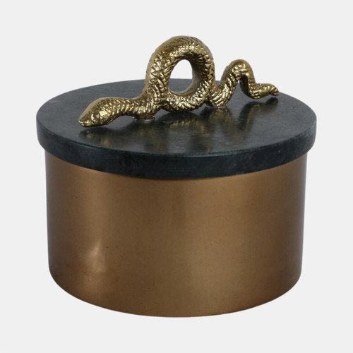 21438#5x5" Round Marble & Metal Box With Snake, Green/go