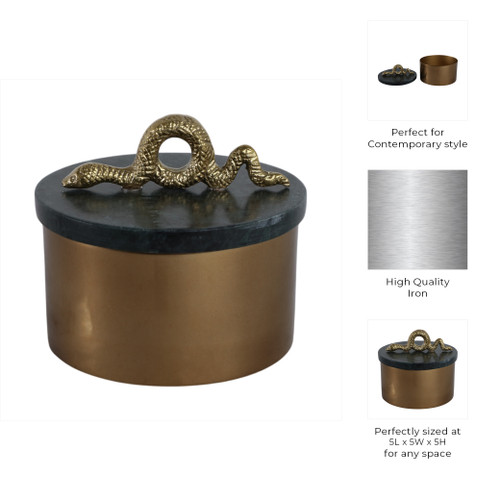21438#5x5" Round Marble & Metal Box With Snake, Green/go