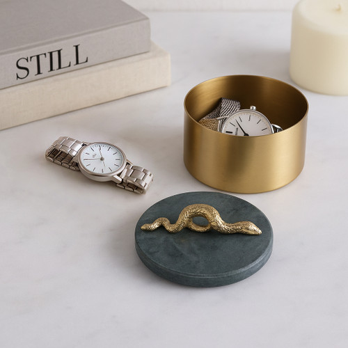 21438#5x5" Round Marble & Metal Box With Snake, Green/go