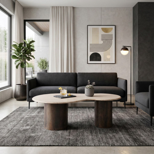 21493#48x16 Curvy Travertine Top Coffee Table, Bwn 2bxs