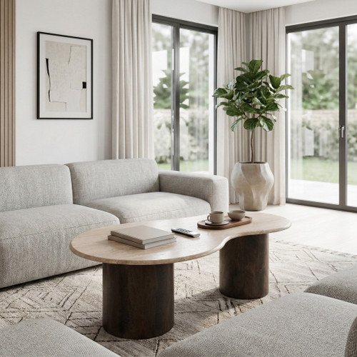 21493#48x16 Curvy Travertine Top Coffee Table, Bwn 2bxs