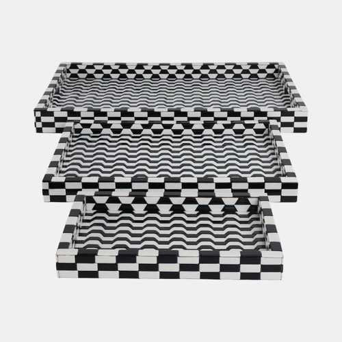 21538#S/3 13/18/24" Geo 3d Resin Trays, Black/white