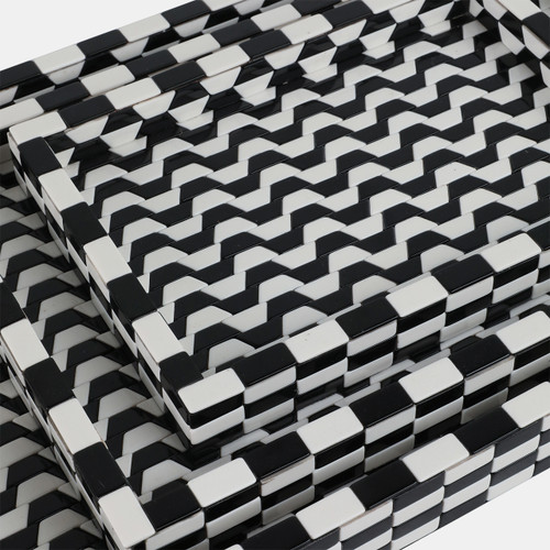 21538#S/3 13/18/24" Geo 3d Resin Trays, Black/white