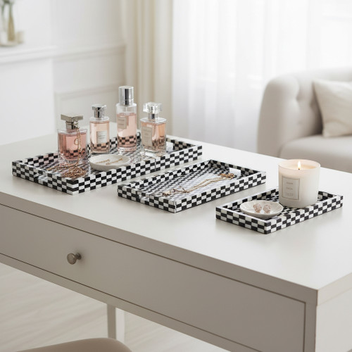 21538#S/3 13/18/24" Geo 3d Resin Trays, Black/white