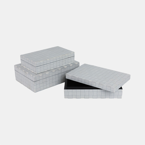 21552#S/3 10/11/12" Checkerboard Etched Boxes, White/bla