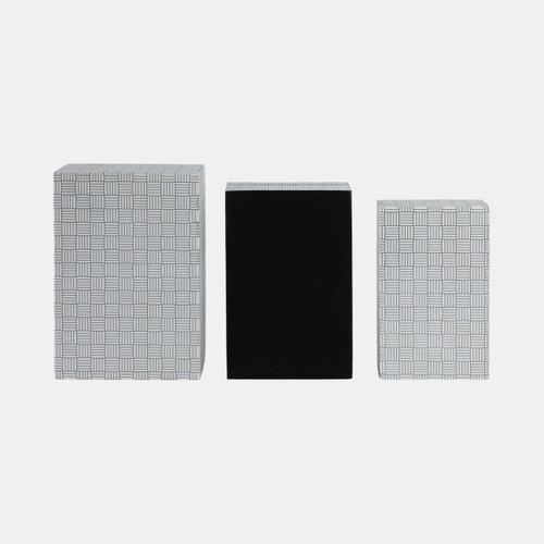 21552#S/3 10/11/12" Checkerboard Etched Boxes, White/bla