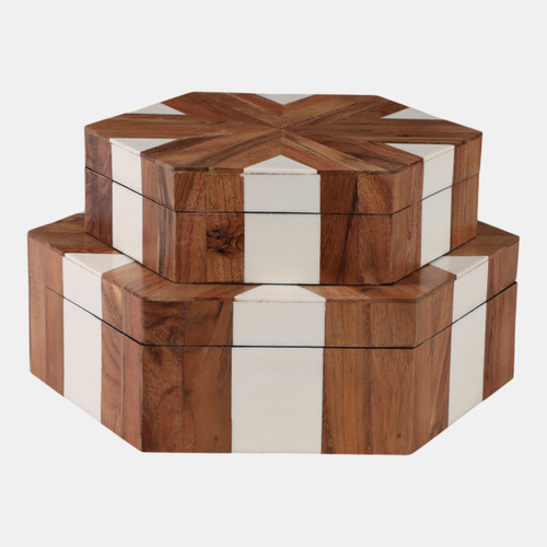 21555#S/2 10/12" Wood Inlay Hexagon Boxes, Natural/white