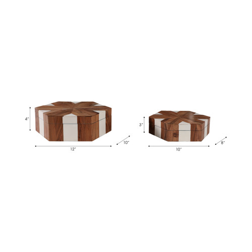 21555#S/2 10/12" Wood Inlay Hexagon Boxes, Natural/white