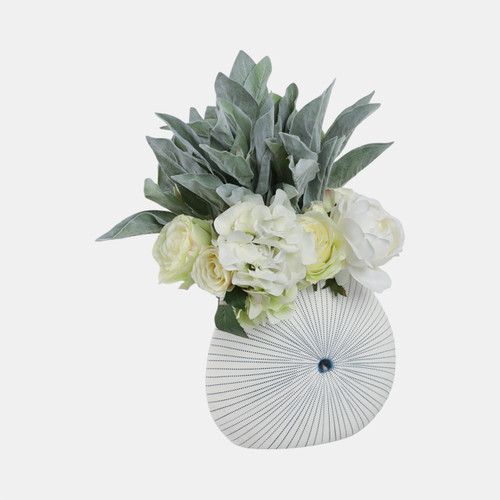 21582-01#10x9" Round Dotted Shell Vase, White/blue