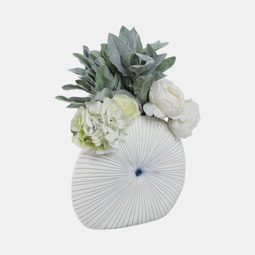 21582-02#14x12" Round Dotted Shell Vase, White/blue