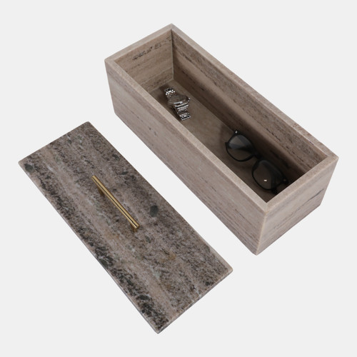 21604-02#16x7" Marble Rectangular Box With Handle, Beige/go