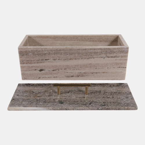 21604-02#16x7" Marble Rectangular Box With Handle, Beige/go