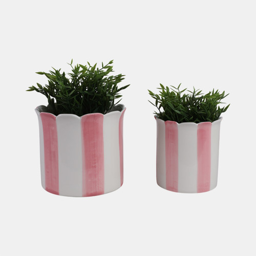 21607-01#S/2 6/8" Striped Scallop Edge Planters, White/pink