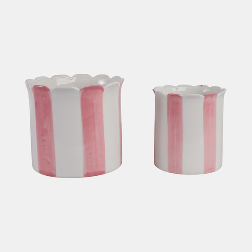 21607-01#S/2 6/8" Striped Scallop Edge Planters, White/pink