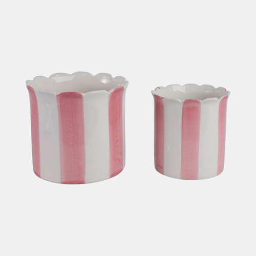 21607-01#S/2 6/8" Striped Scallop Edge Planters, White/pink