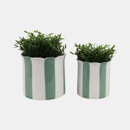 21607-02#S/2 6/8" Striped Scallop Edge Planters, Wht/grn