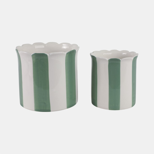 21607-02#S/2 6/8" Striped Scallop Edge Planters, Wht/grn