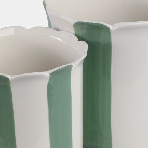 21607-02#S/2 6/8" Striped Scallop Edge Planters, Wht/grn