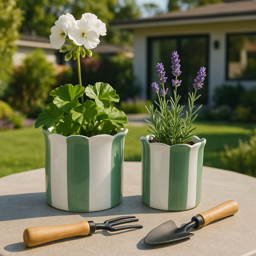 21607-02#S/2 6/8" Striped Scallop Edge Planters, Wht/grn