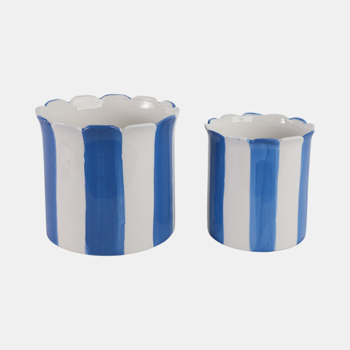 21607-03#S/2 6/8" Striped Scallop Edge Planters, White/blue