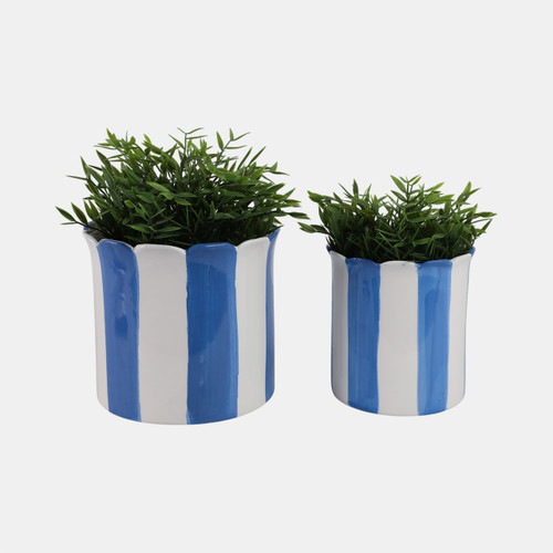 21607-03#S/2 6/8" Striped Scallop Edge Planters, White/blue