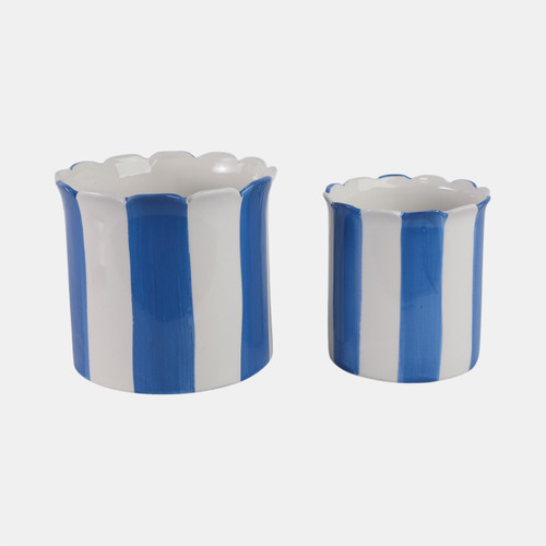 21607-03#S/2 6/8" Striped Scallop Edge Planters, White/blue