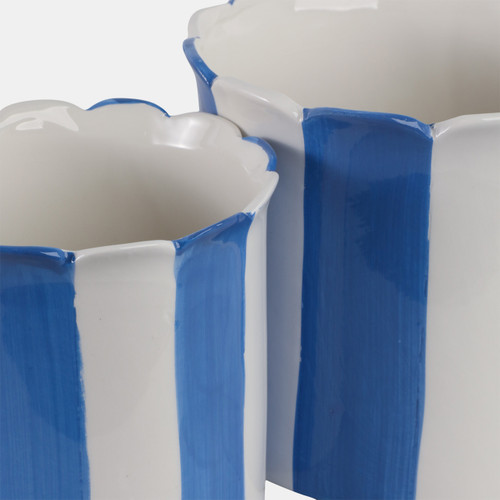 21607-03#S/2 6/8" Striped Scallop Edge Planters, White/blue