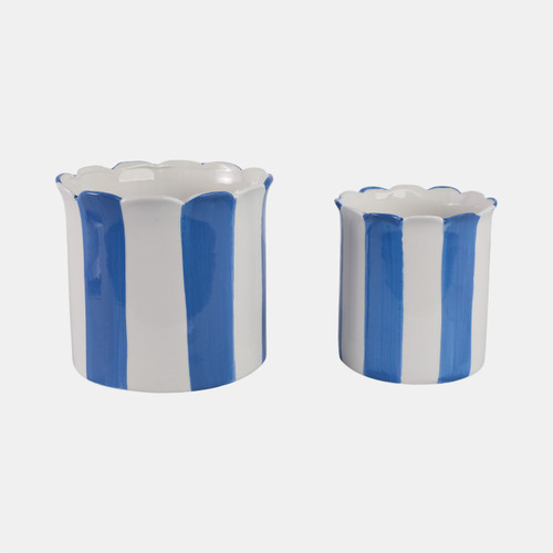21607-03#S/2 6/8" Striped Scallop Edge Planters, White/blue