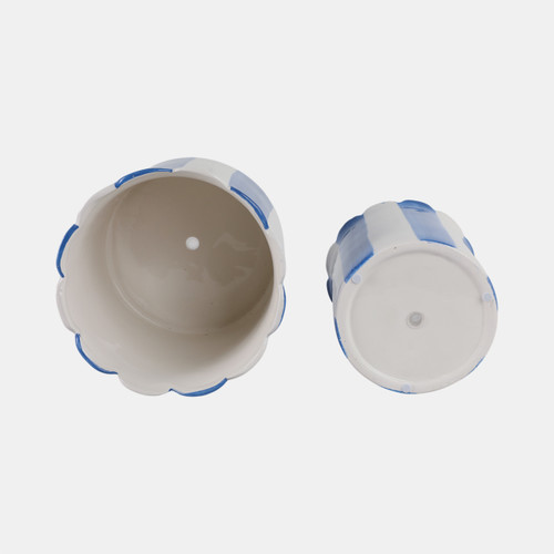 21607-03#S/2 6/8" Striped Scallop Edge Planters, White/blue