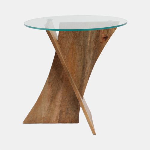 21615#21x20" Glass Top Criss Cross Accent Table, Natural