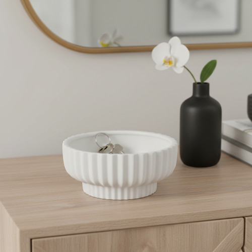 21649#12x5" Ridged Pedestal Bowl, White